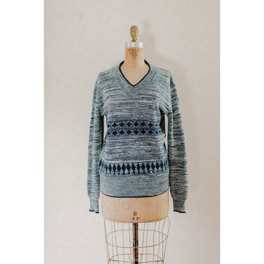 Vintage 70s BRAVO Nordic Icelandic Ski Sweater, Acrylic, Blue White, Italy S/M